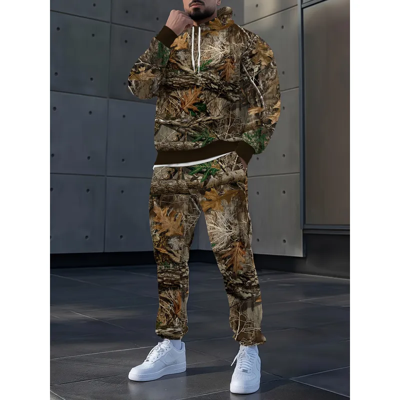 Camo Pattern Set - 남성용 2피스 정글 위장 후드티와 바지
