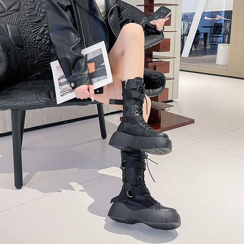 블랙 레이스업 플랫폼 가죽 하프 하이 부츠 여성용 봄  - Street Fashion Trends 2025 리뷰 및 가격
