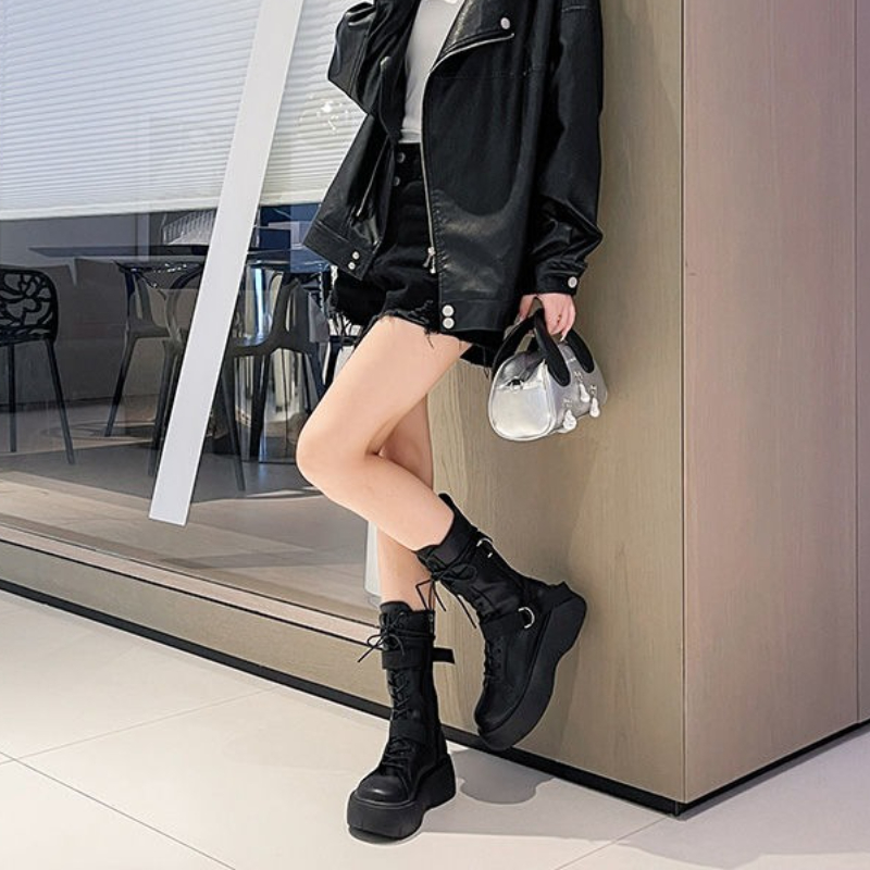블랙 레이스업 플랫폼 가죽 하프 하이 부츠 여성용 봄  - Street Fashion Trends 2025 리뷰 및 가격