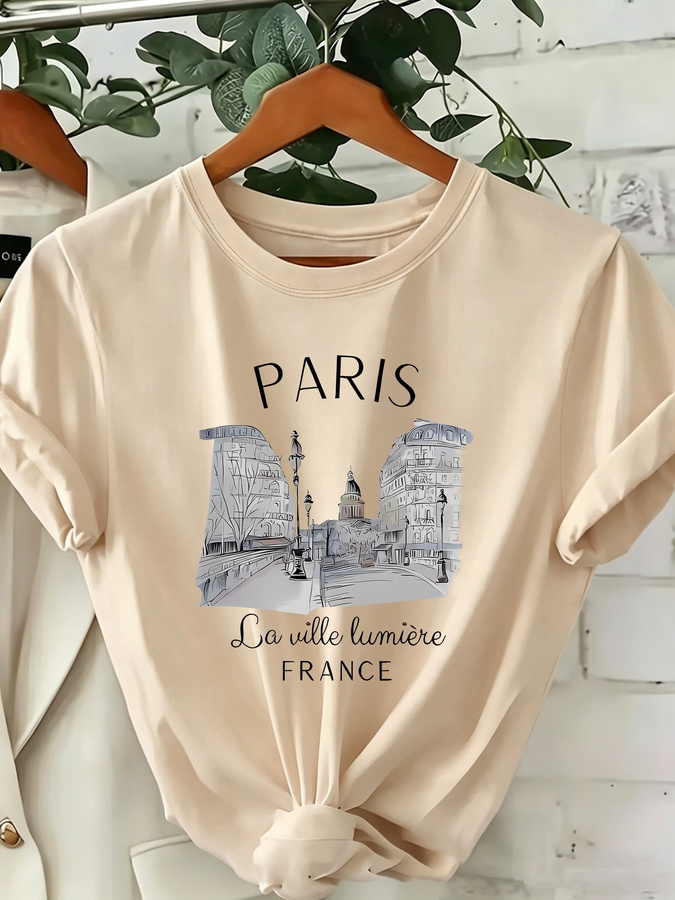 여성용 파리 프린트 크루넥 티셔츠 - 에펠탑과 프랑스어 - Street Fashion Paris 2025 리뷰 및 가격