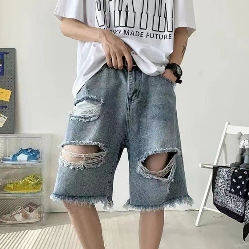 여름 남성 데님 반바지 레트로 찢어진 홍콩 패션 루즈한 - Street Fashion Hong Kong 리뷰 및 가격